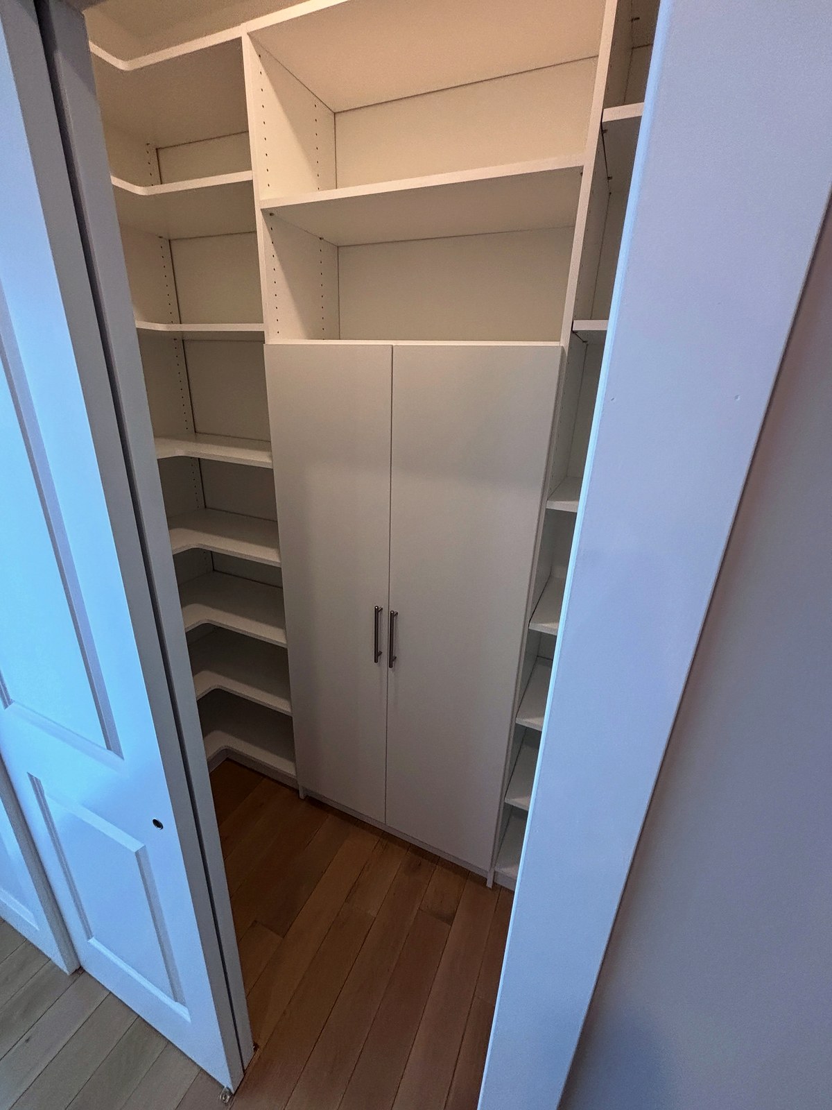 View into a fitted reach-in closet with hanging and shelving